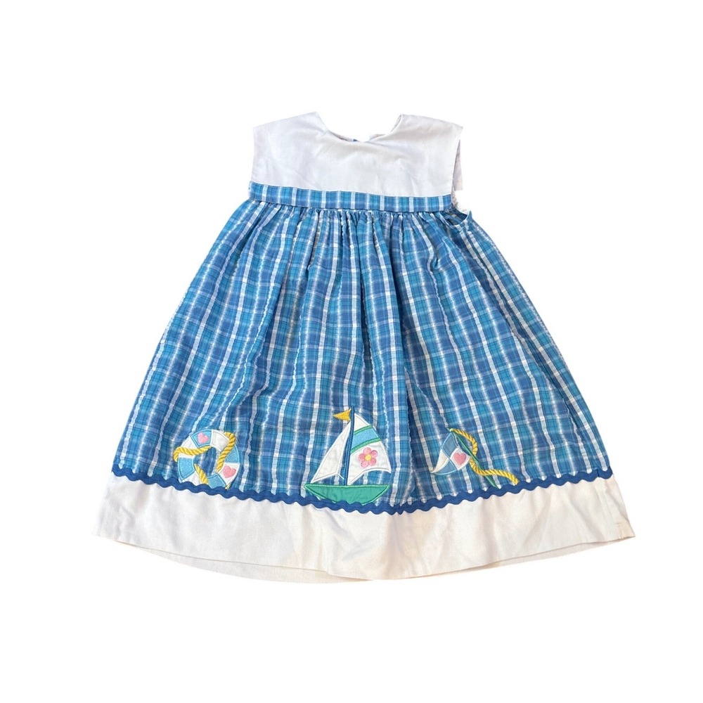 Samara Plaid Sailboat Dress Kids Blue White Nautical Coastal SIZE 6X